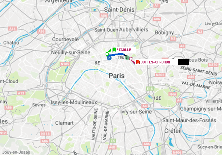 Métro Paris : itinéraire de Pigalle à Buttes-Chaumont