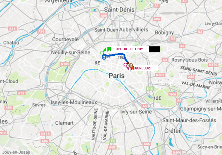 Métro Paris : itinéraire de Place de Clichy à Goncourt (Hôpital Saint-Louis)
