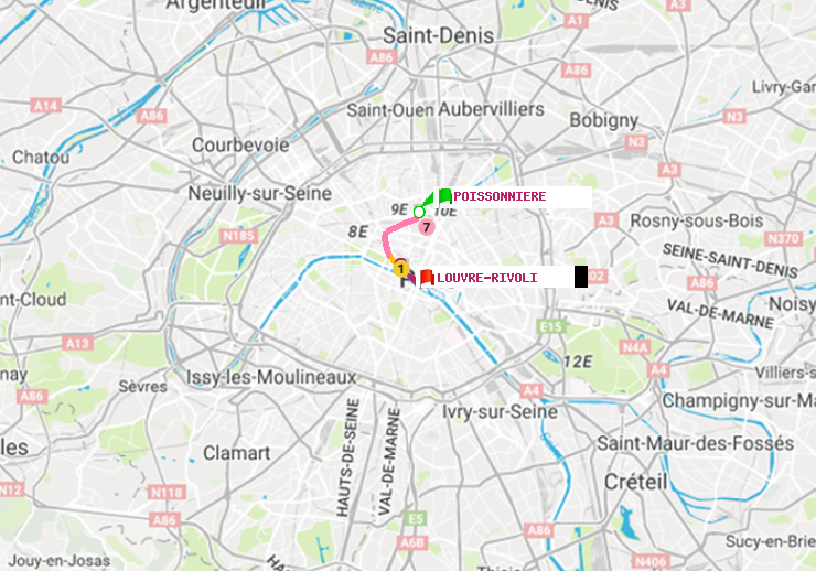 plan itinéraire ratp de Poissonnière à Louvre-Rivoli