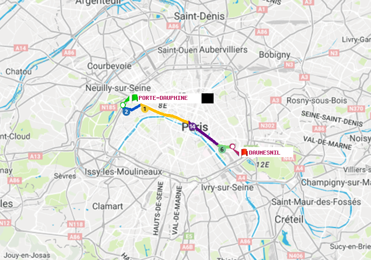 plan itinéraire ratp de Porte Dauphine (Maréchal de Lattre de Tassigny) à Daumesnil (Félix Eboué)