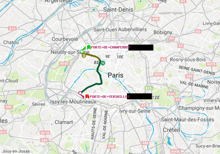 plan itinéraire ratp de Porte de Champerret à Porte de Versailles