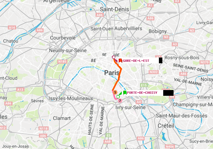 Métro Paris itinéraire de Porte de Choisy à Gare de l'Est (Verdun)