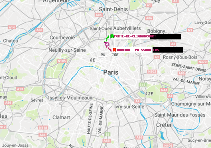 plan itinéraire ratp de Porte de Clignancourt à Marcadet-Poissonniers