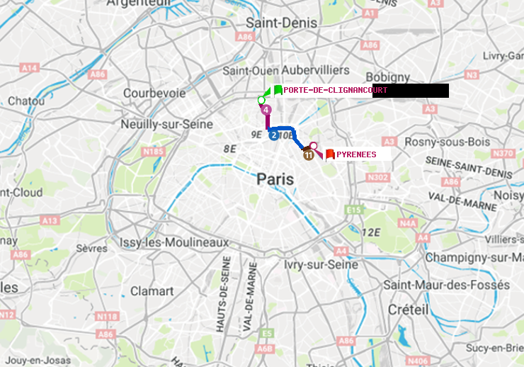 plan itinéraire ratp de Porte de Clignancourt à Pyrenees