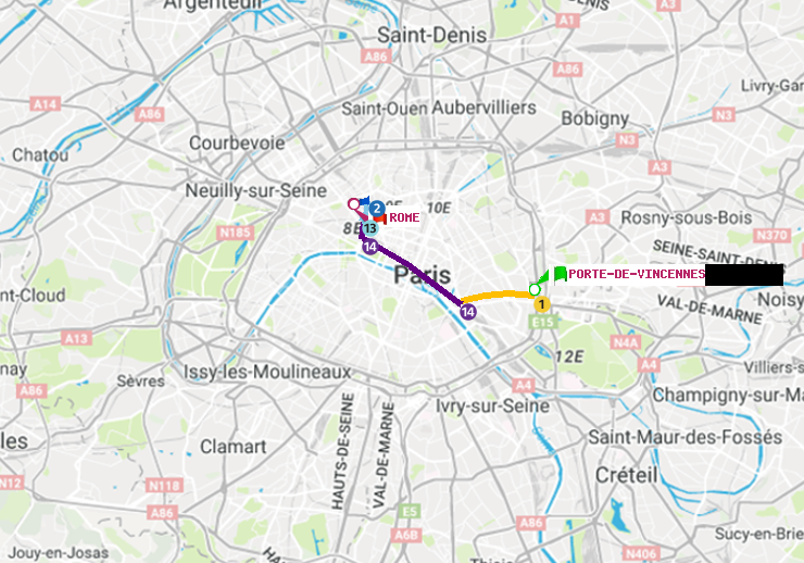 plan itinéraire ratp de Porte de Vincennes à Rome