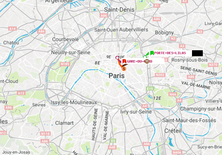 plan itinéraire ratp de Porte des Lilas à Gare du Nord
