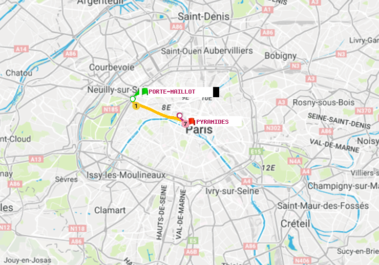 plan itinéraire ratp de Porte Maillot à Pyramides