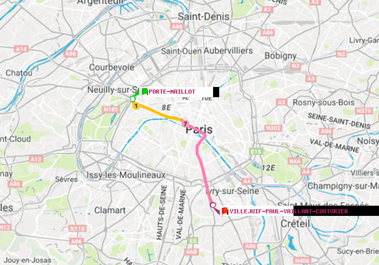 plan itinéraire ratp de Porte Maillot à Villejuif-Paul Vaillant Couturier (Hôpital Paul Brousse)