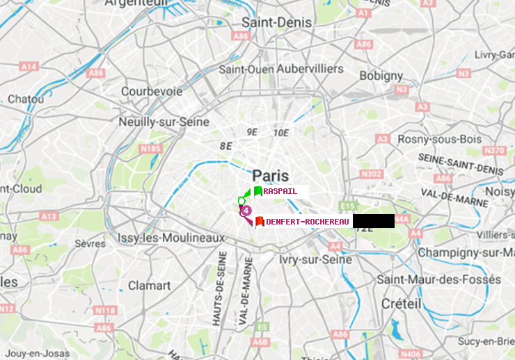plan itinéraire ratp de Raspail à Denfert-Rochereau