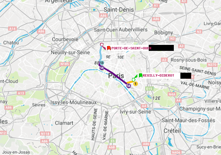 plan itinéraire ratp de Reuilly-Diderot à Porte de Saint-Ouen