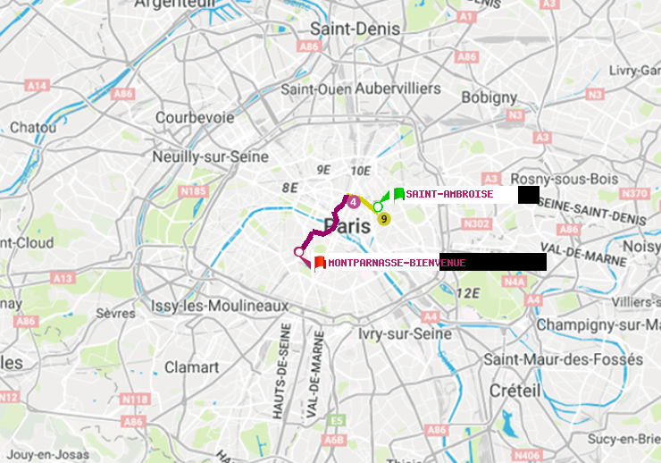 plan itinéraire ratp de Saint-Ambroise à Montparnasse-Bienvenue
