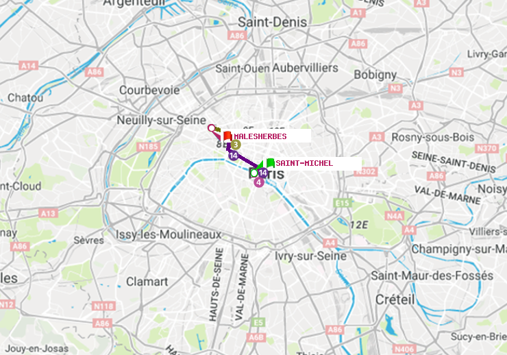 plan itinéraire ratp de Saint-Michel à Malesherbes