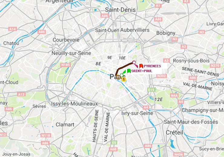 plan itinéraire ratp de Saint-Paul (Le Marais) à Pyrenees