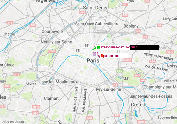 plan itinéraire ratp de Strasbourg-Saint-Denis à République