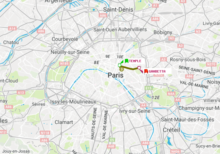 plan itinéraire ratp de Temple à Gambetta