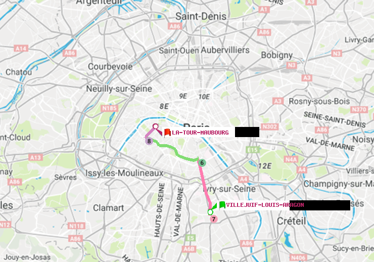 plan itinéraire ratp de Villejuif-Louis Aragon à La Tour-Maubourg