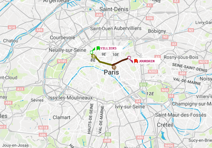 plan itinéraire ratp de Villiers à Jourdain