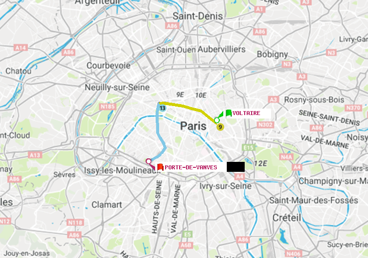 plan itinéraire ratp de Voltaire (Léon Blum) à Porte de Vanves
